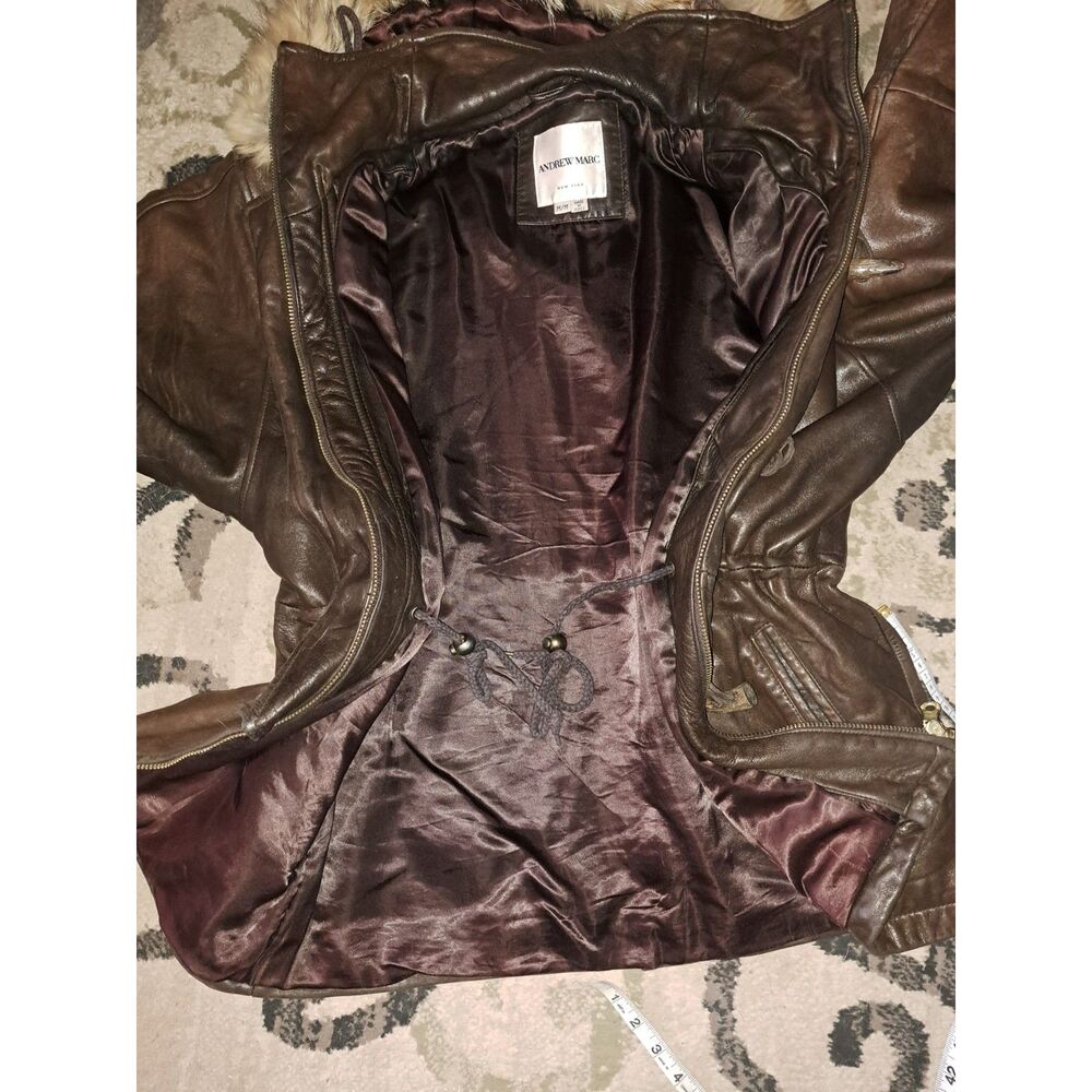 Andrew Marc Brown Leather Jacket with Fur Hood - Picture 9 of 13